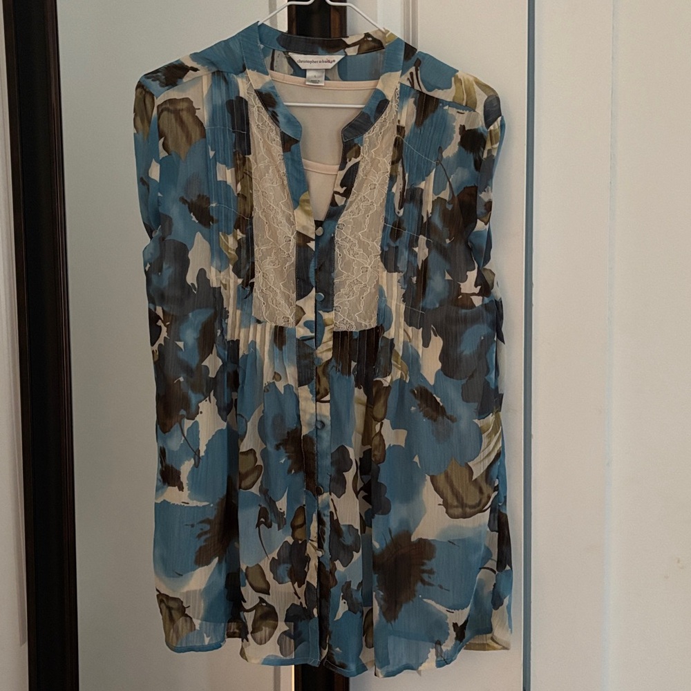 Christopher & Banks Large Floral Ruffle & Lace Blouse Brown & Teal